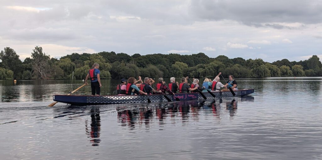 Paddlers in dragonboat. The boat is moving away from the camera. The helm stands in the back of the boat. Everyone has their paddle ready to make a stroke.